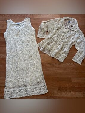 Handmade Cream Crochet Dress and Cardigan Set